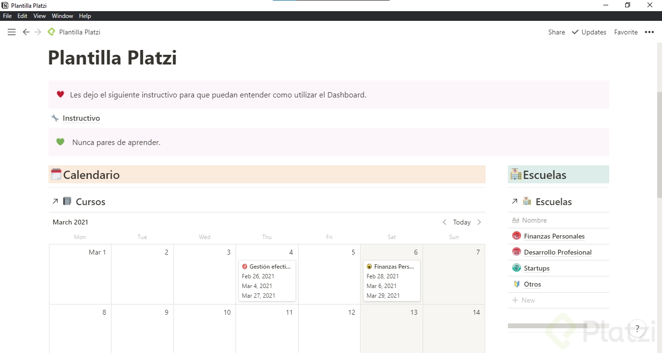 Dashboard Para Organizar Los Cursos En Notion